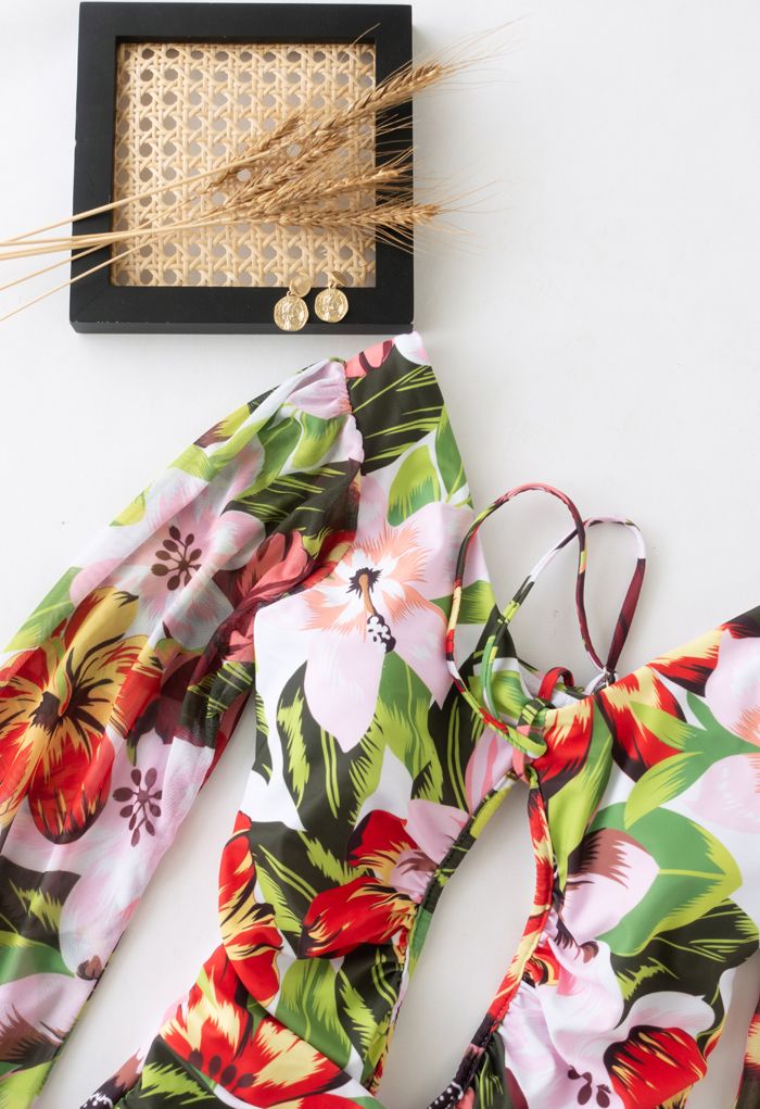 Bañador halter con abertura y manga de malla en floral tropical