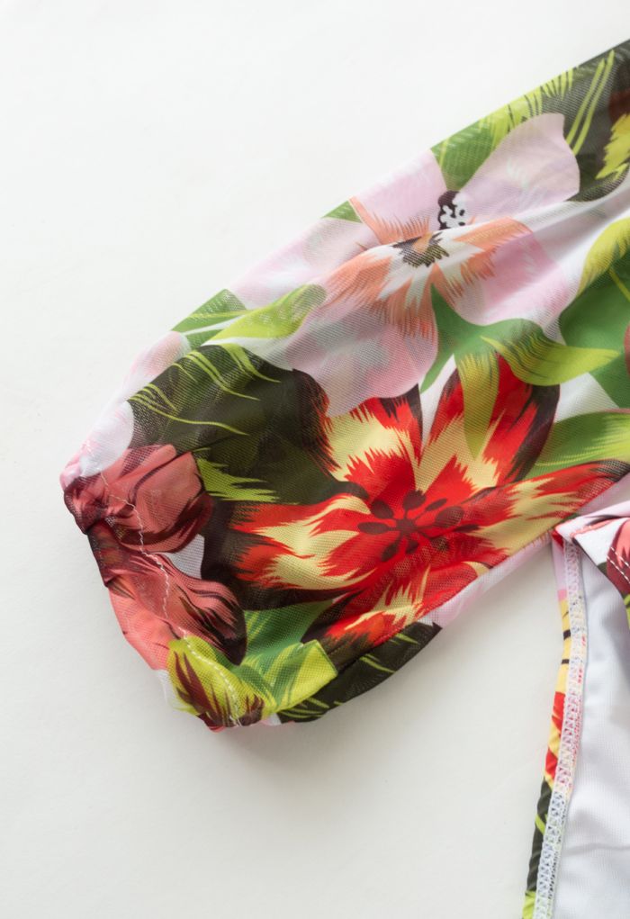 Bañador halter con abertura y manga de malla en floral tropical