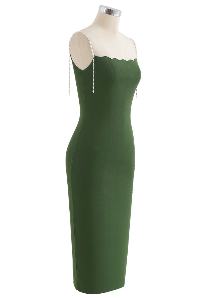 Vestido camisero de punto ajustado con tirantes de perlas en verde