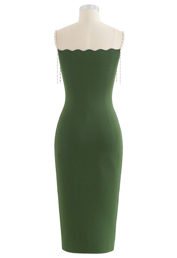 Vestido camisero de punto ajustado con tirantes de perlas en verde