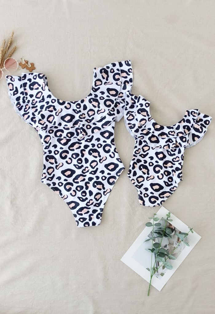 Traje de baño con volantes y estampado de leopardo para mamá y niños