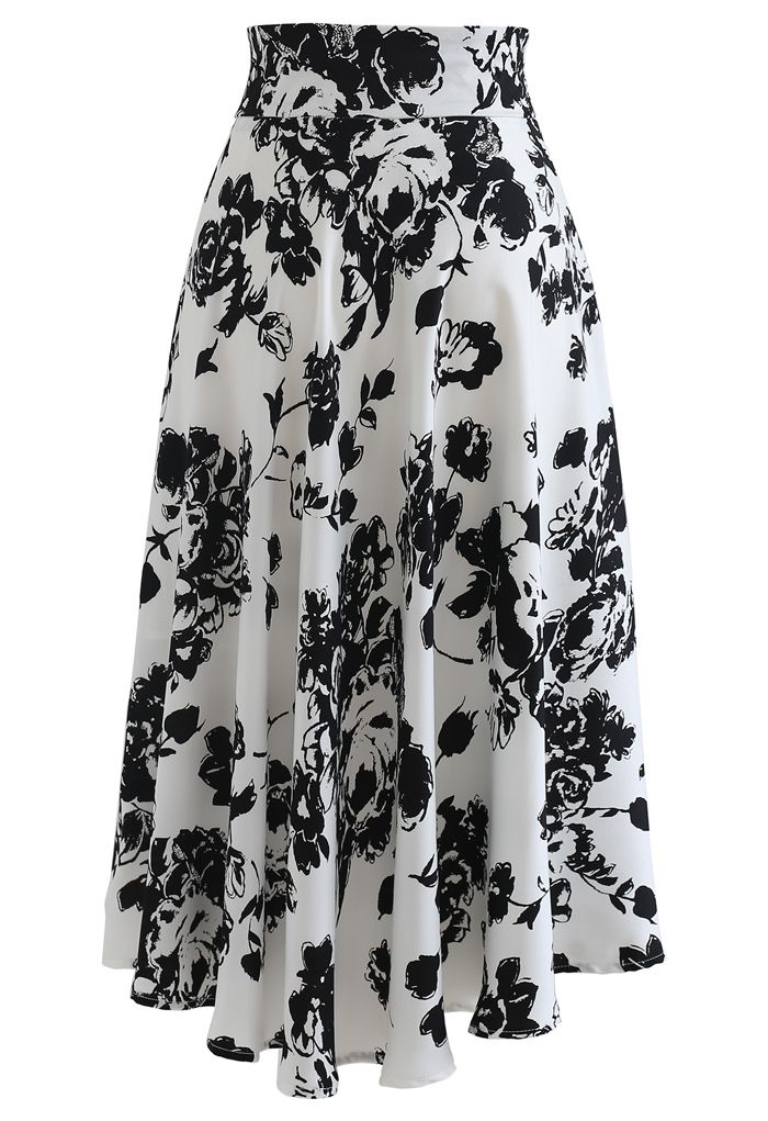 Falda midi con estampado floral y boceto con detalle de broche en blanco