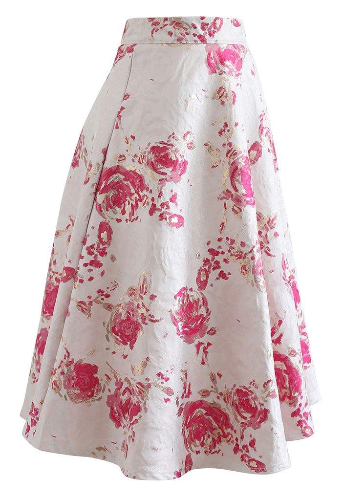 Falda midi evasé de jacquard rosa rojiza