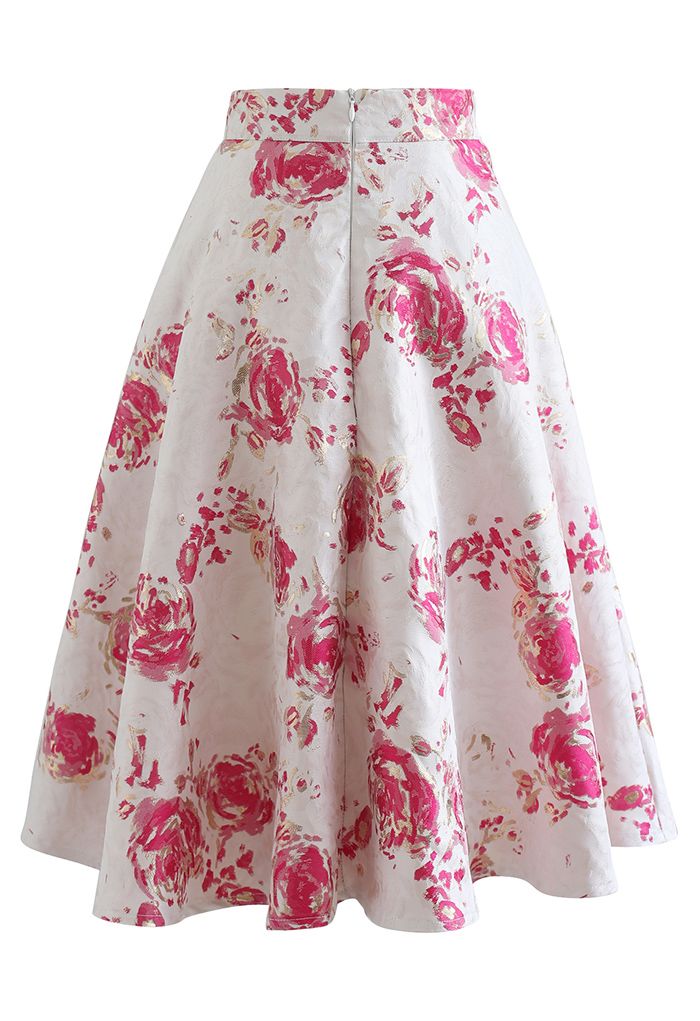 Falda midi evasé de jacquard rosa rojiza