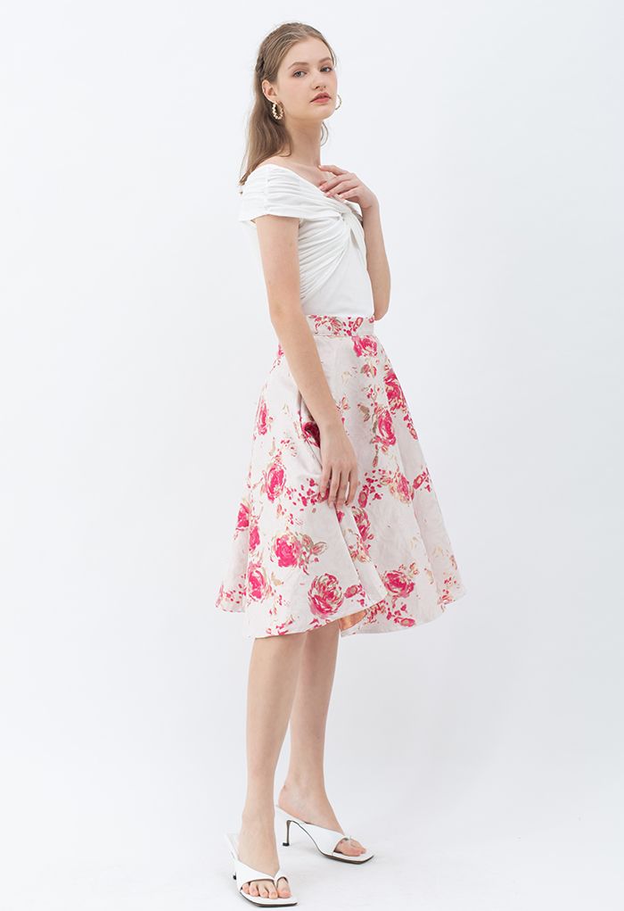 Falda midi evasé de jacquard rosa rojiza