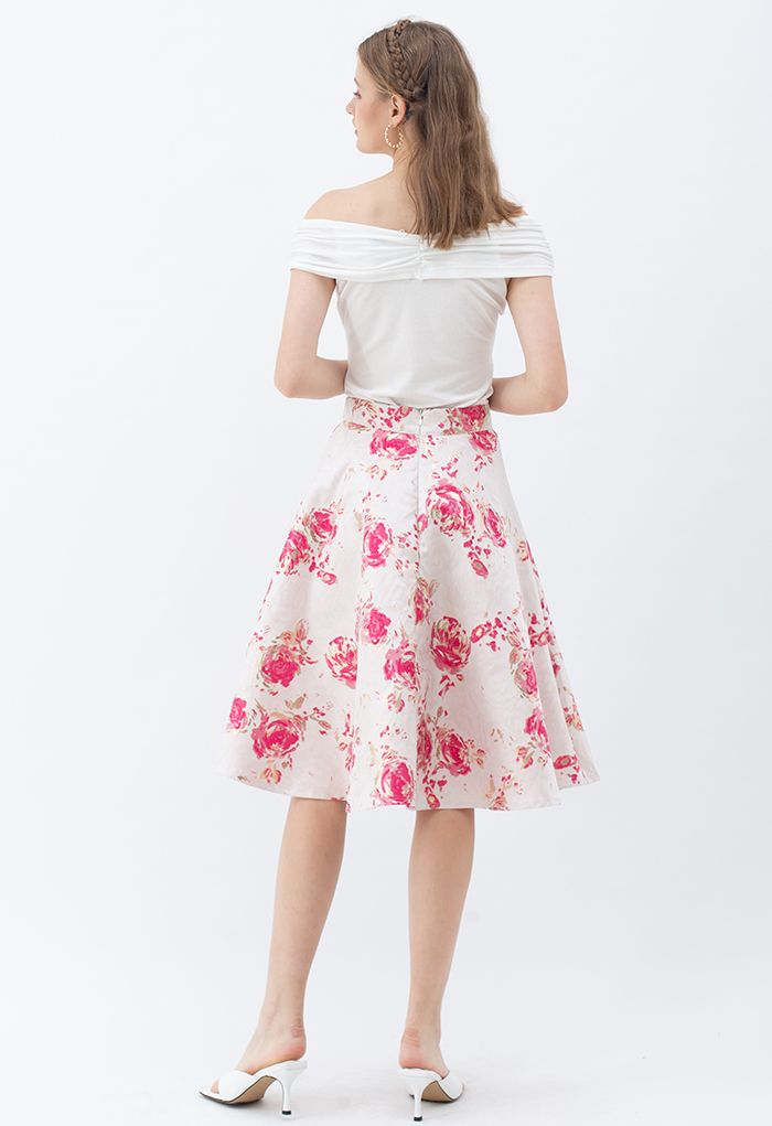 Falda midi evasé de jacquard rosa rojiza