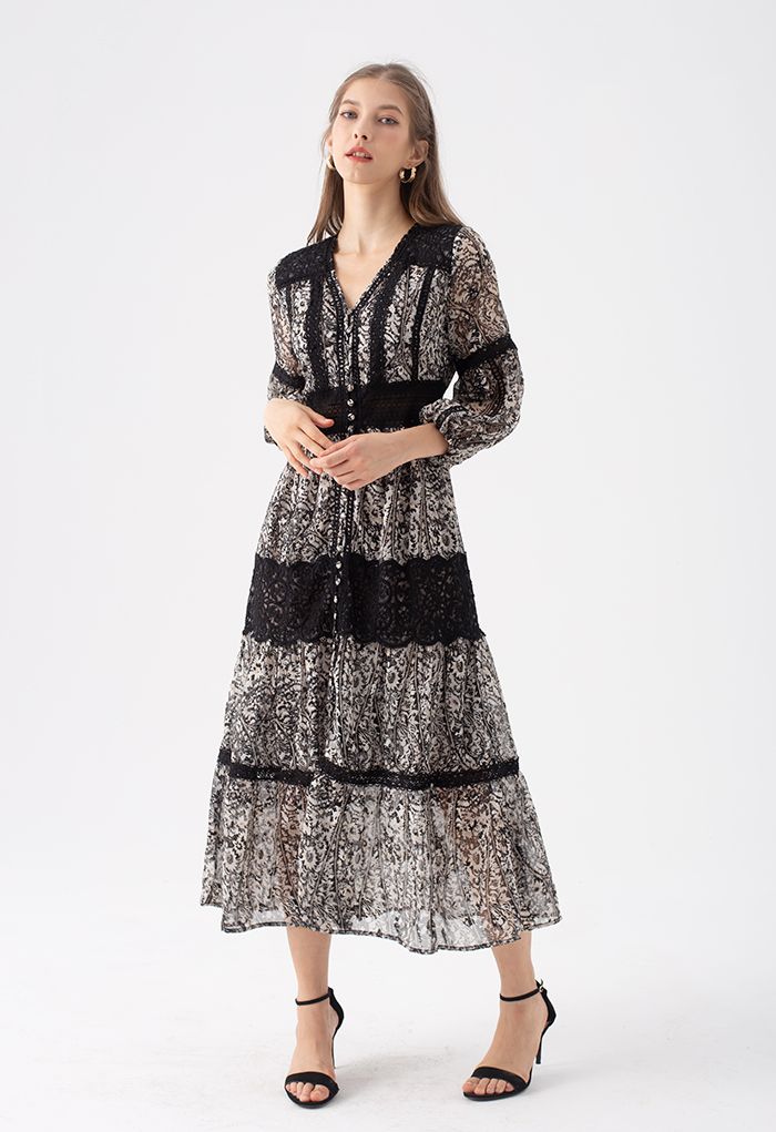 Vestido largo transparente con ribete de croché en jacquard floral negro