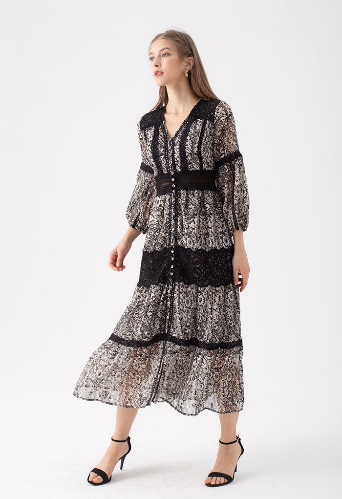 Vestido largo transparente con ribete de croché en jacquard floral negro