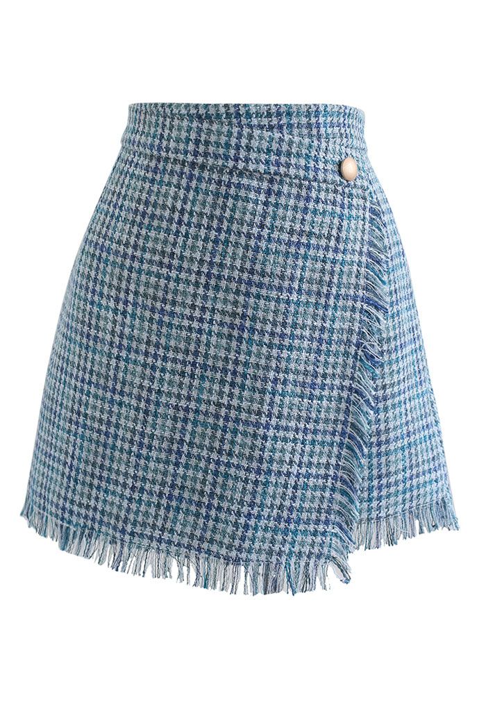 Minifalda con solapa de tweed de pata de gallo con borlas en azul