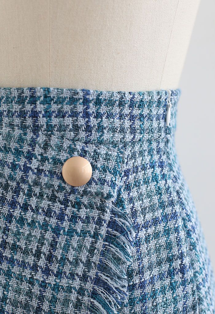 Minifalda con solapa de tweed de pata de gallo con borlas en azul