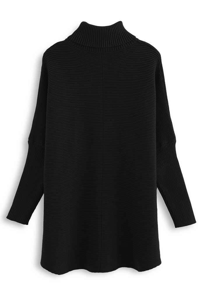 Suéter Hi-Lo con manga de murciélago y cuello alto elegante sin esfuerzo en negro