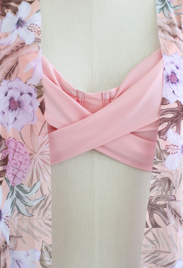 Conjunto de bikini con frente cruzado floral fresco en rosa