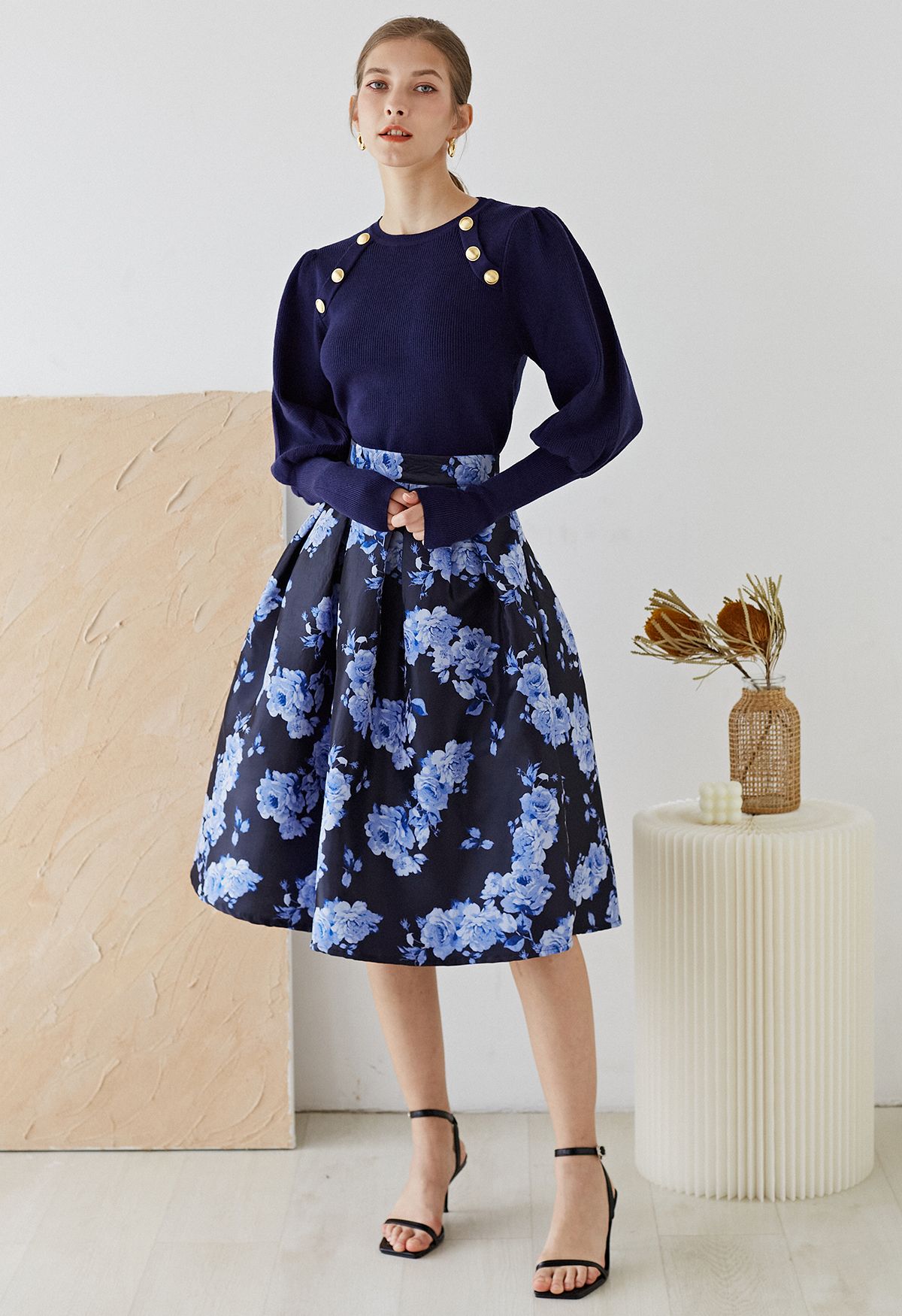 Falda midi plisada de jacquard de peonía azul flor de medianoche