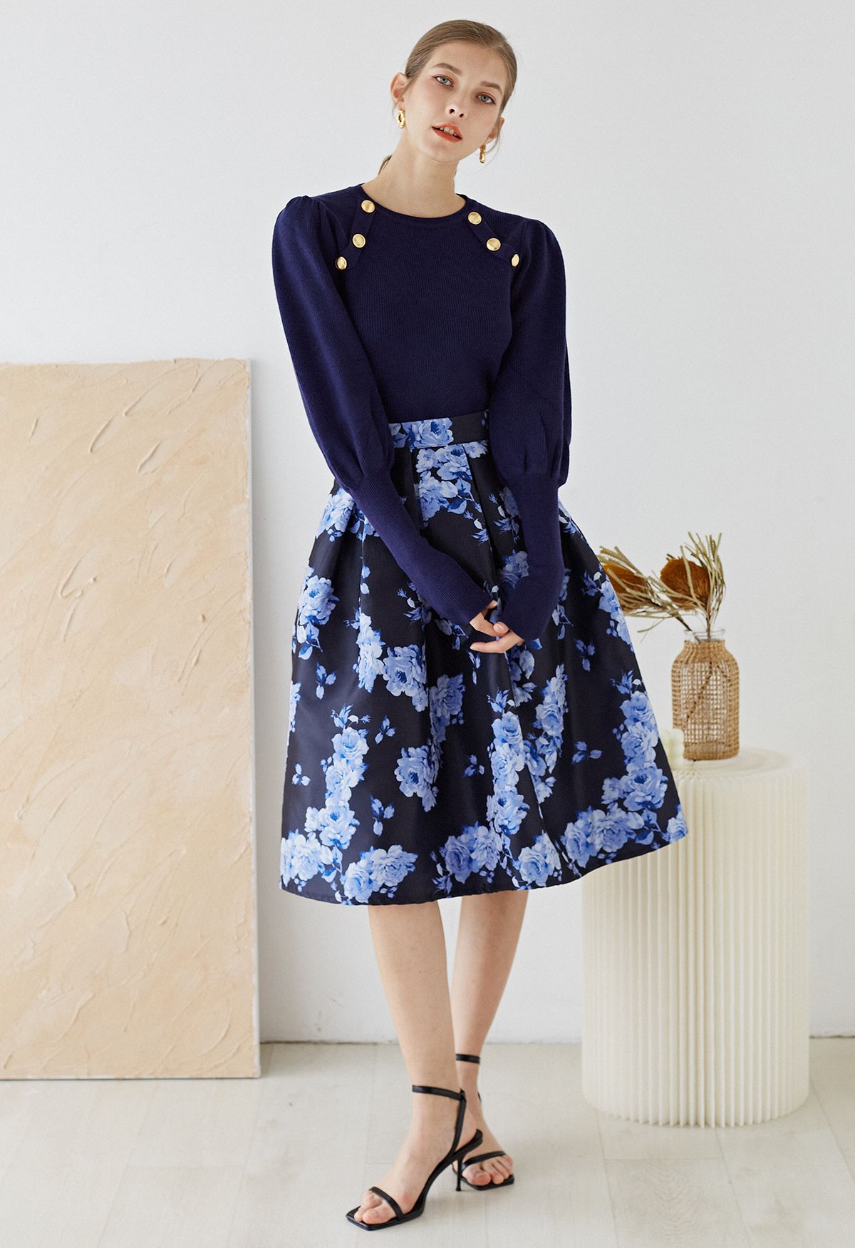 Falda midi plisada de jacquard de peonía azul flor de medianoche