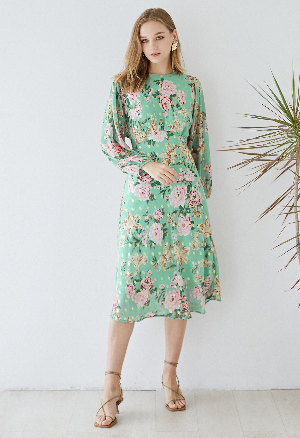 Vestido midi Floral to See con punto dorado en menta