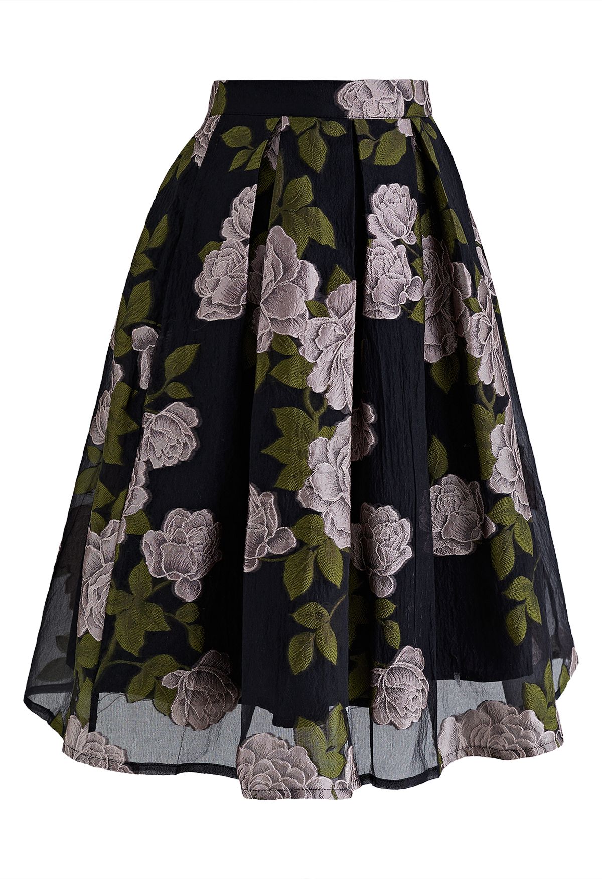 Falda midi plisada de organza jacquard Peony