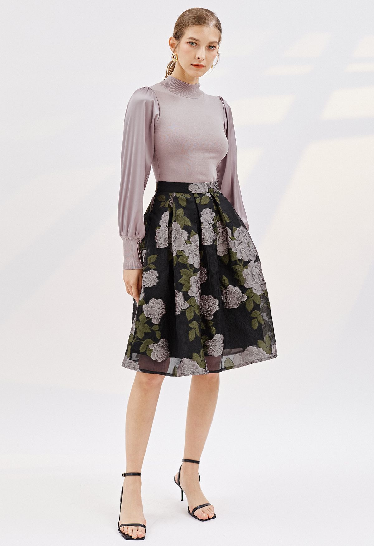 Falda midi plisada de organza jacquard Peony