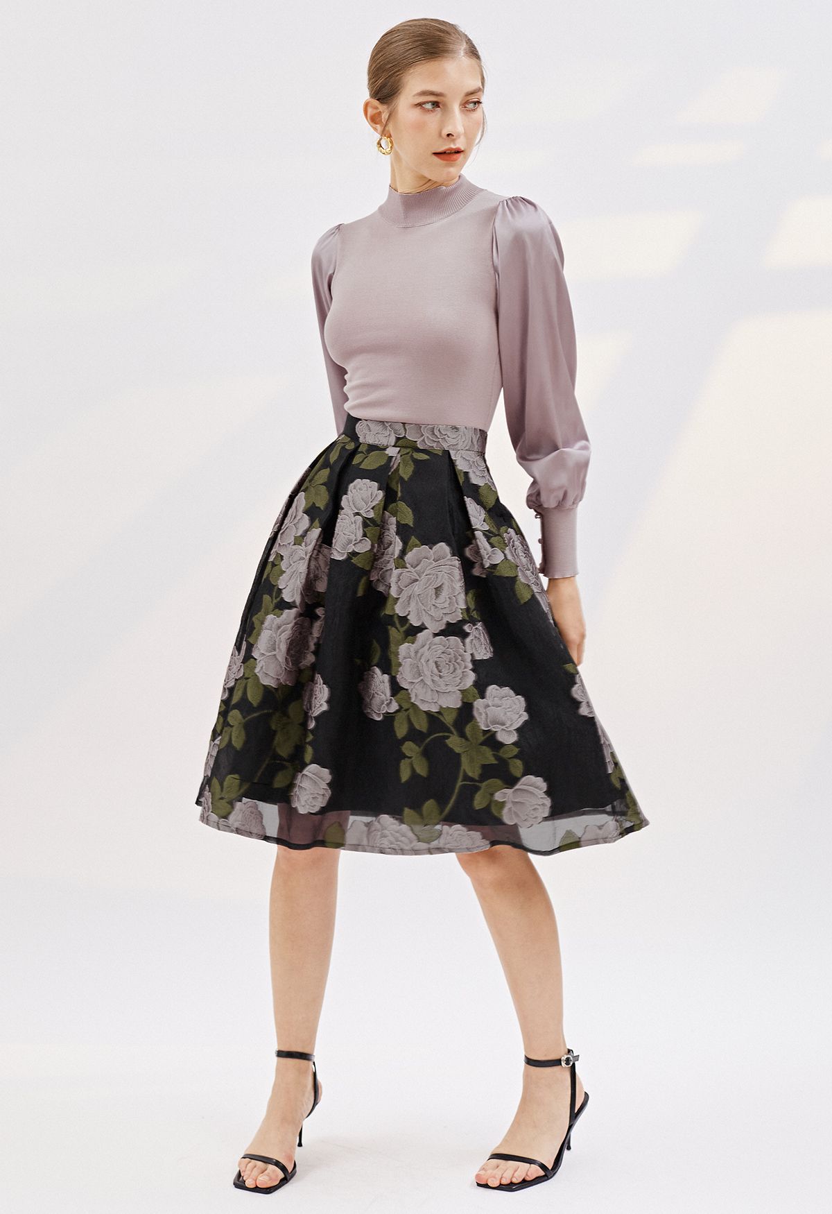 Falda midi plisada de organza jacquard Peony