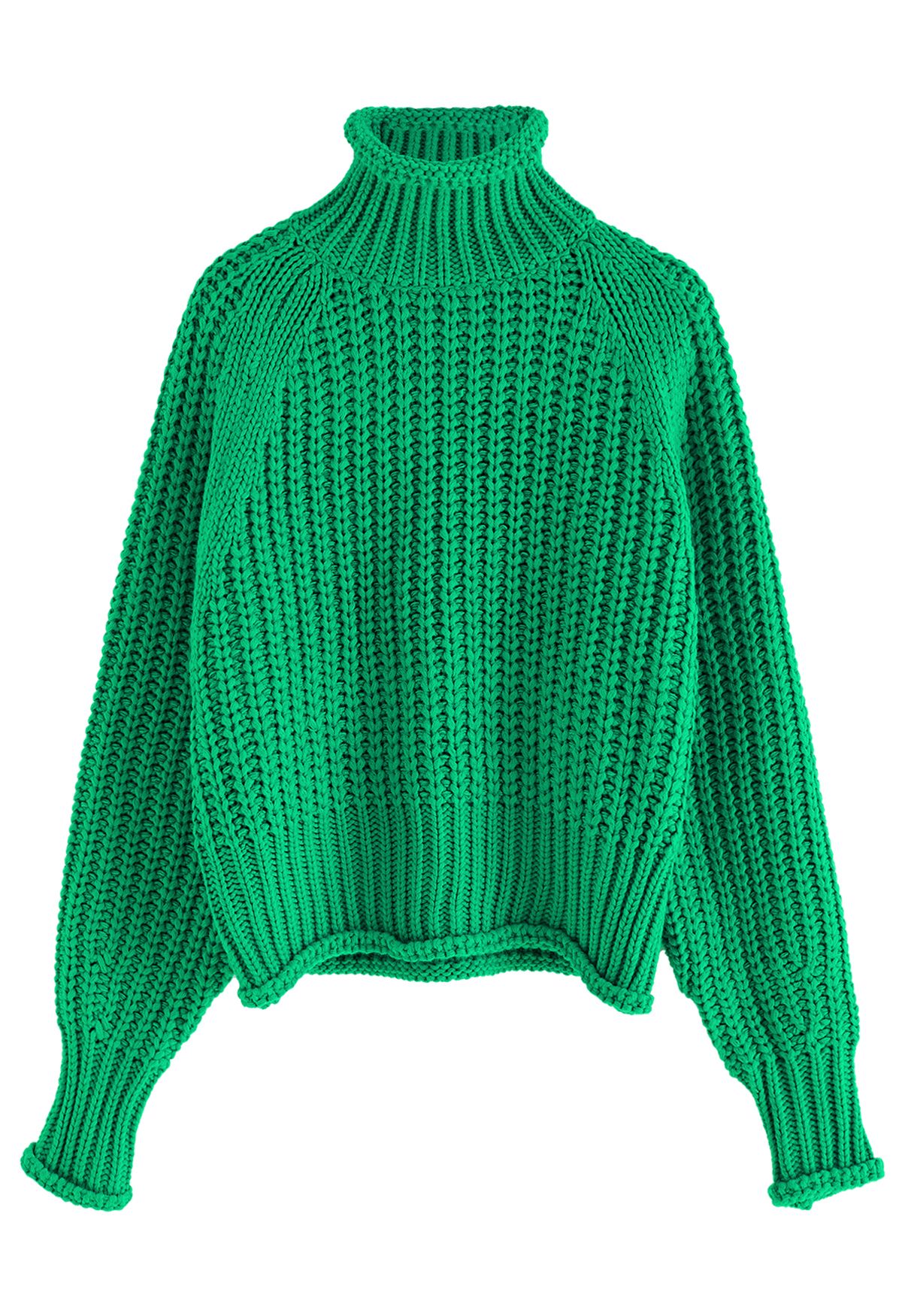 JERSEY DE PUNTO GRUESO CON CUELLO ALTO EN VERDE