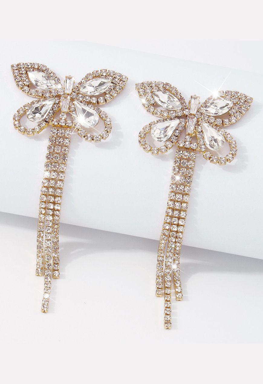 Aretes colgantes con borla de mariposa y diamantes completos