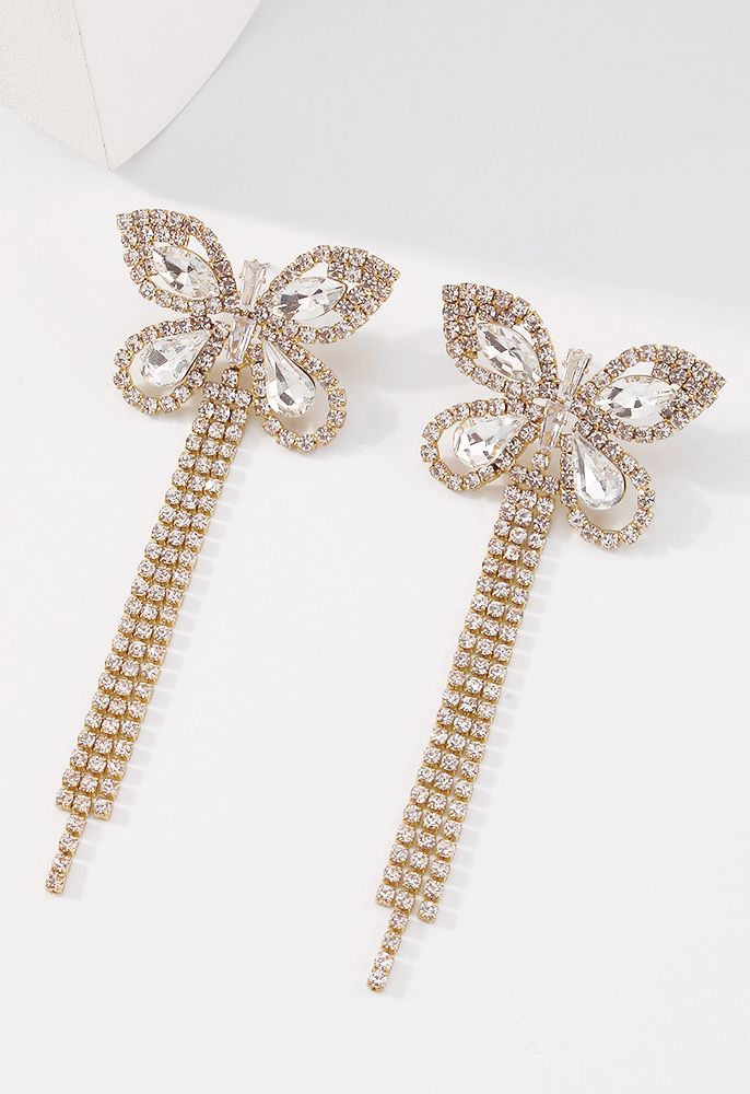 Aretes colgantes con borla de mariposa y diamantes completos