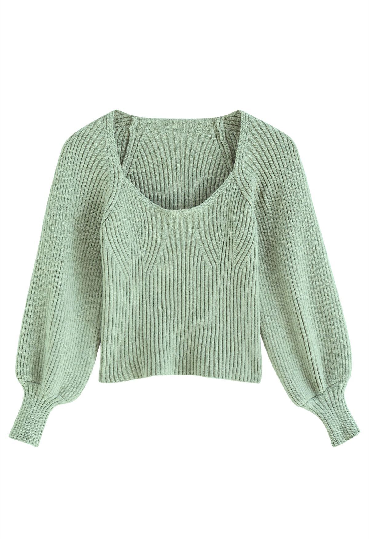 TOP DE PUNTO Acanalado Con Cuello Redondo Ancho En Menta