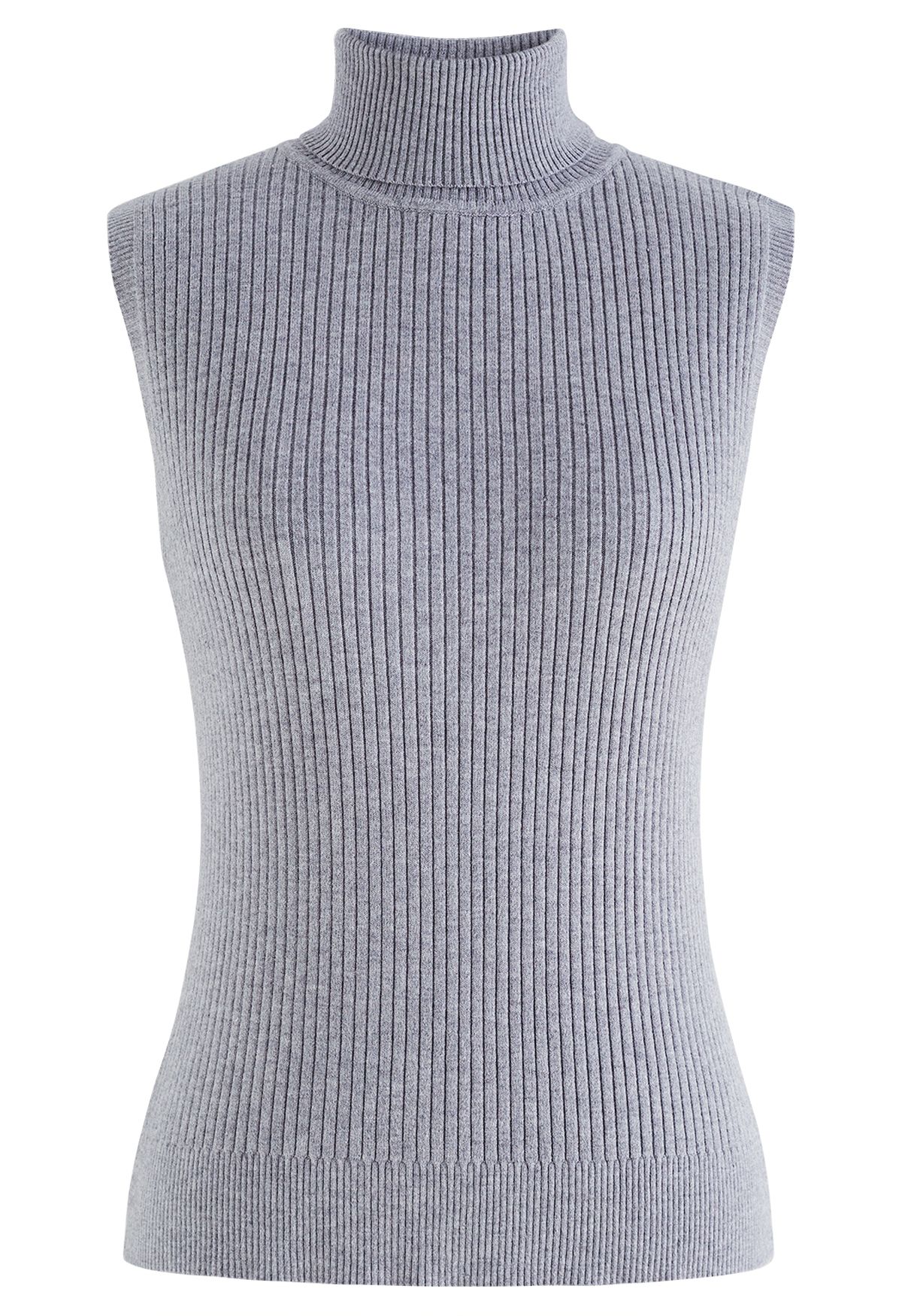 Top sin mangas de cuello alto de punto suave en gris