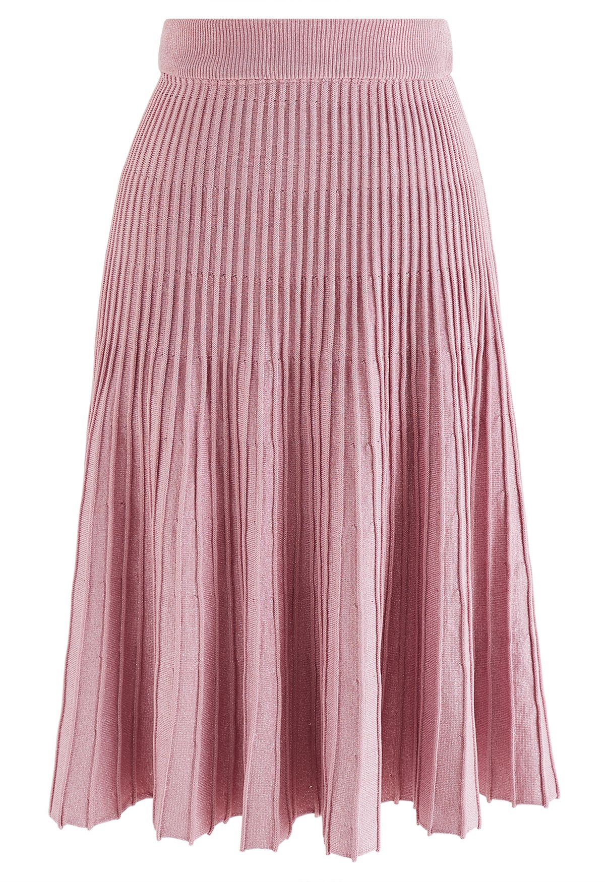 Conjunto de punto con top cruzado de canalé brillante y falda plisada en rosa
