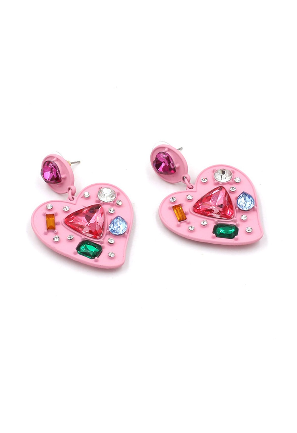 Aretes de cristal multicolor en forma de corazón en rosa