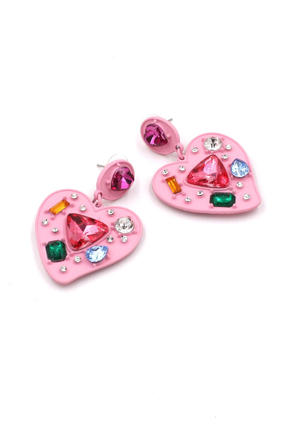 Aretes de cristal multicolor en forma de corazón en rosa