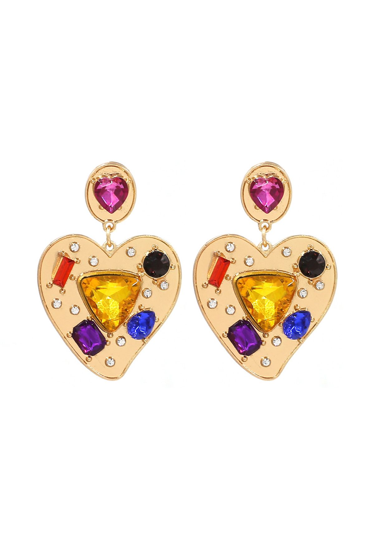 Aretes de cristal multicolor en forma de corazón en oro