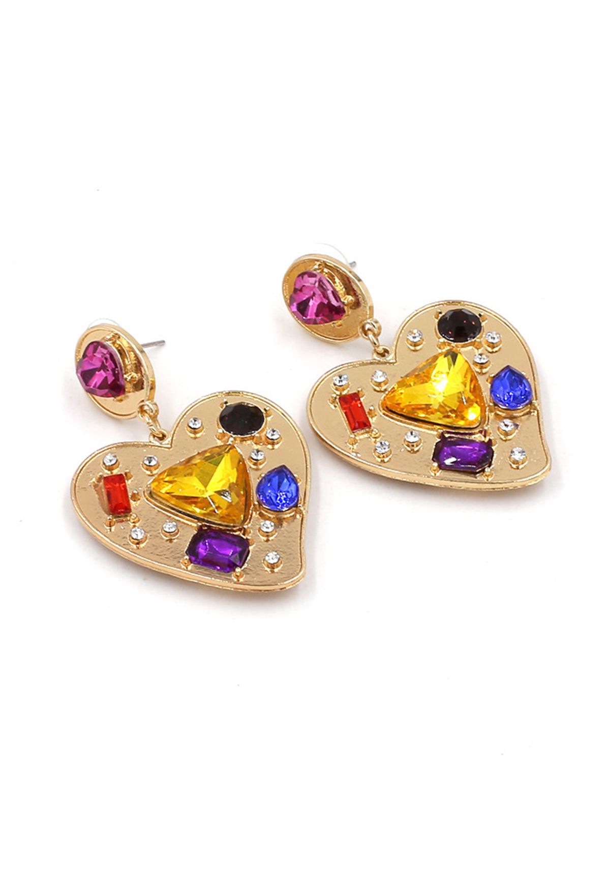 Aretes de cristal multicolor en forma de corazón en oro