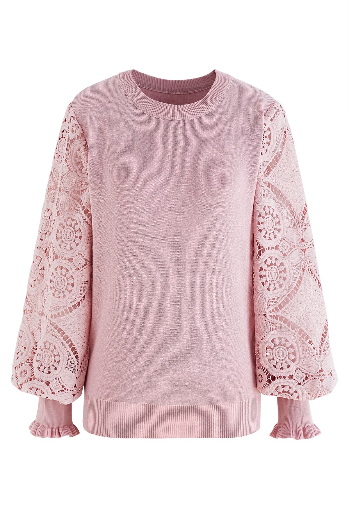 Top de punto con manga de crochet floral en rosa