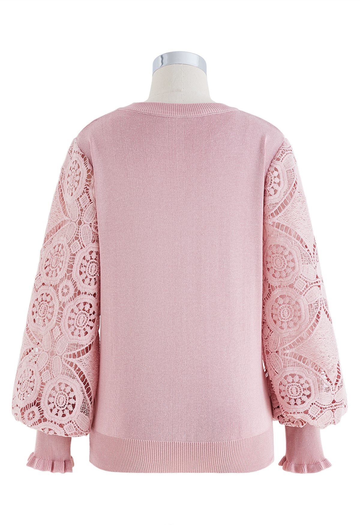 Top de punto con manga de crochet floral en rosa