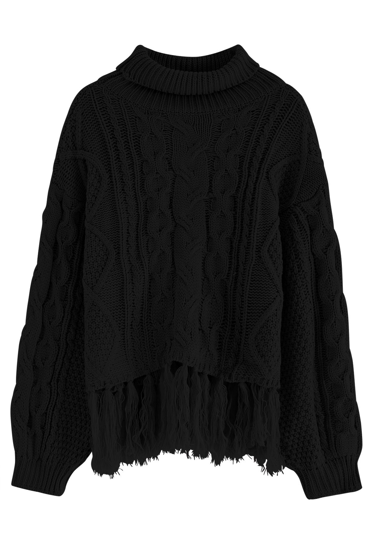 Suéter de punto de ochos con ribete de borlas y cuello alto en negro