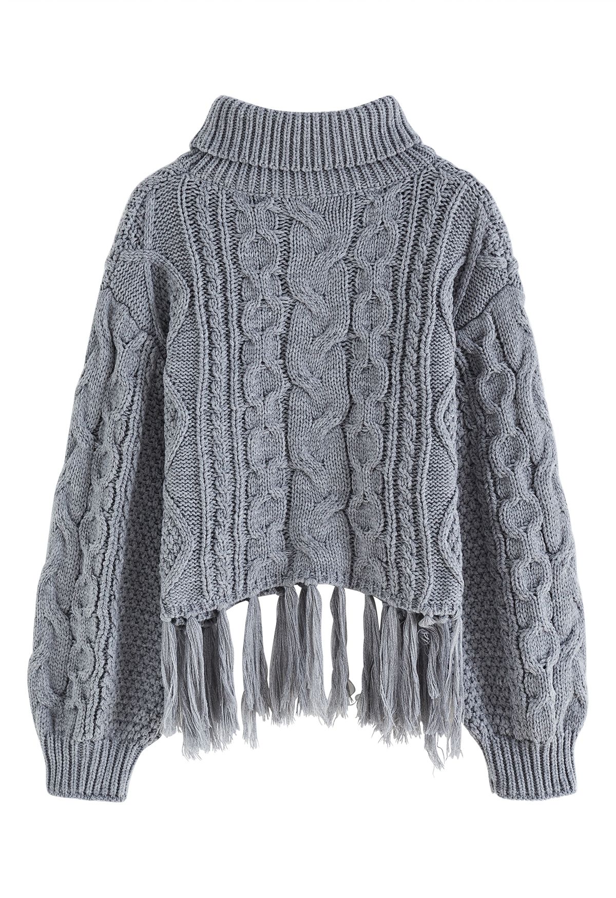 Suéter de punto de ochos con ribete de borlas y cuello alto en gris