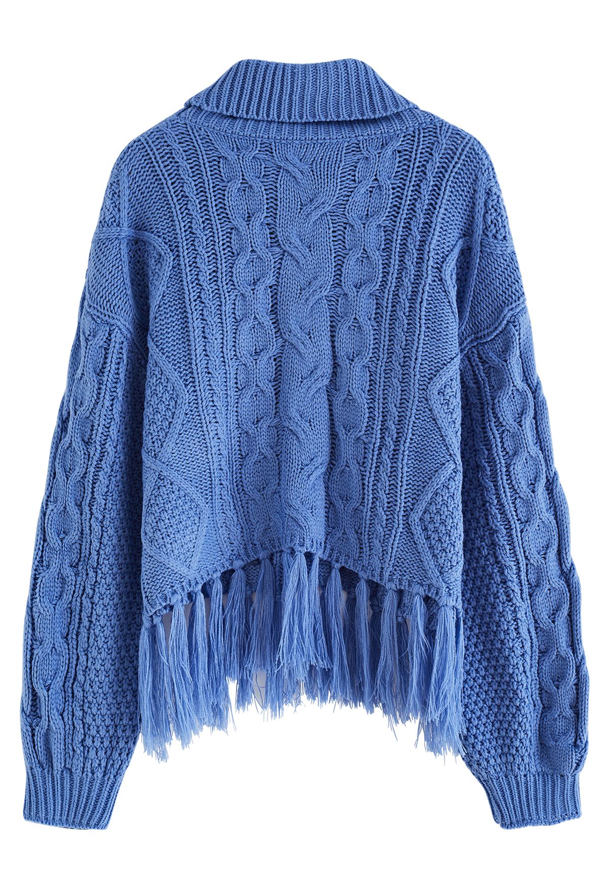 Suéter de punto de ochos con ribete de borlas y cuello alto en azul