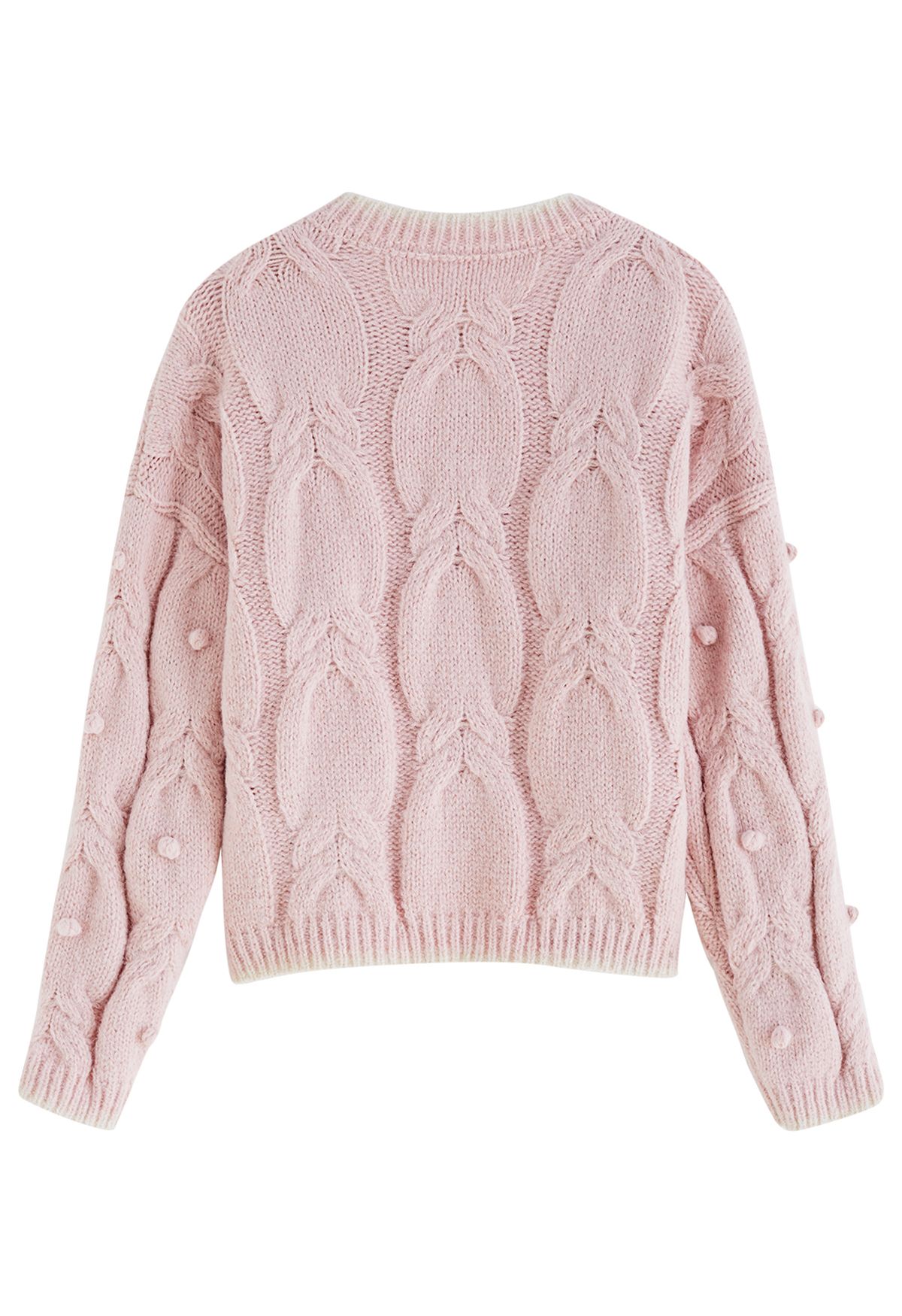 Suéter de punto ochos con pompones y borde en contraste en rosa