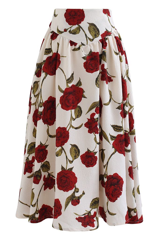 Falda midi acampanada con estampado de rosas rojas Serene