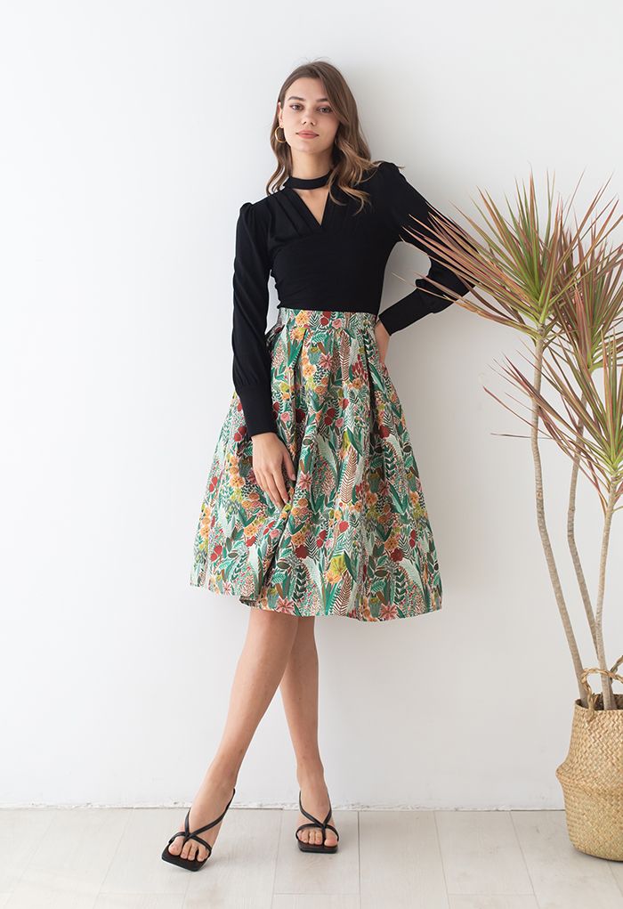 Falda midi plisada de jacquard con paisaje primaveral