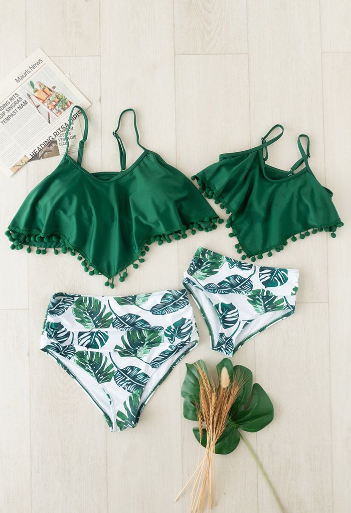 Conjunto de bikini con adornos de bolas lindas con estampado de hojas para mamá y niños