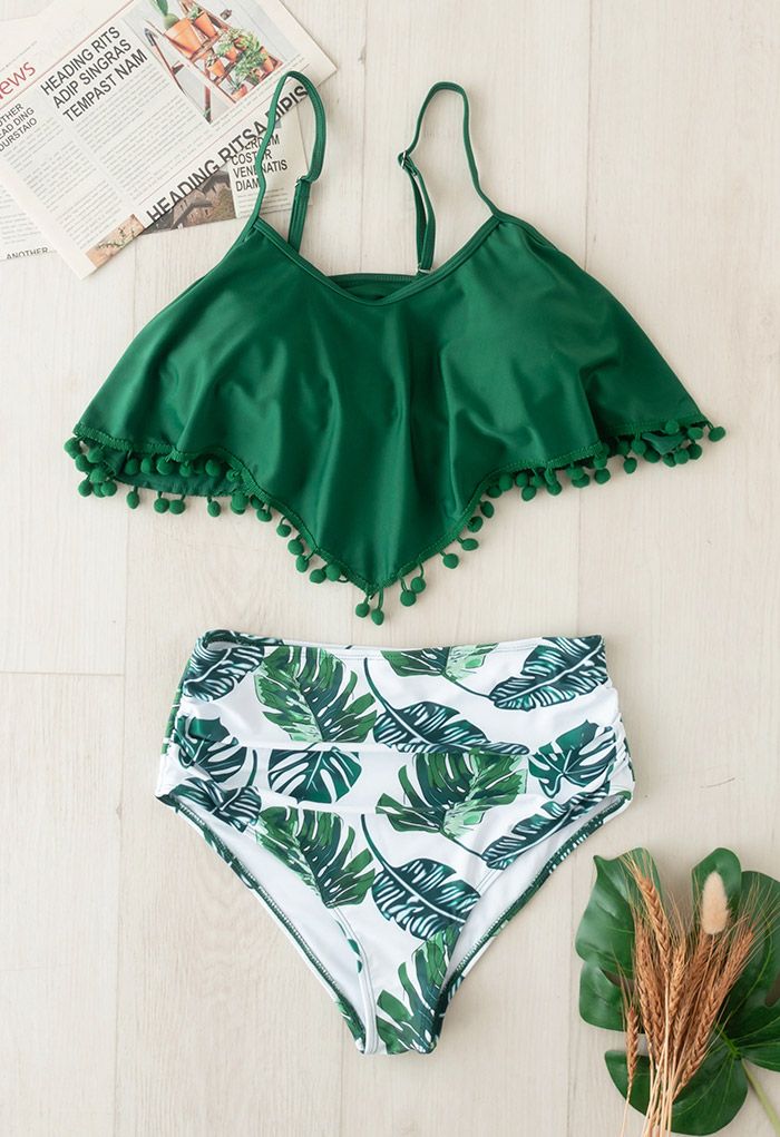 Conjunto de bikini con adornos de bolas lindas con estampado de hojas para mamá y niños