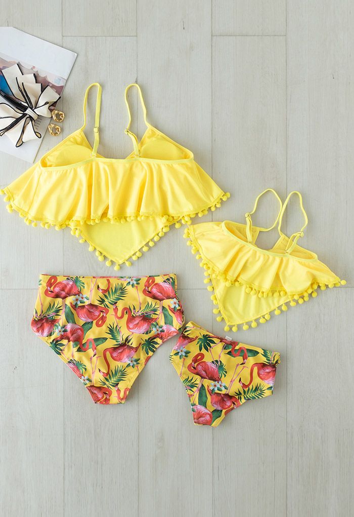 Conjunto de bikini con adornos de bolas lindas con estampado de flamencos para mamá y niños