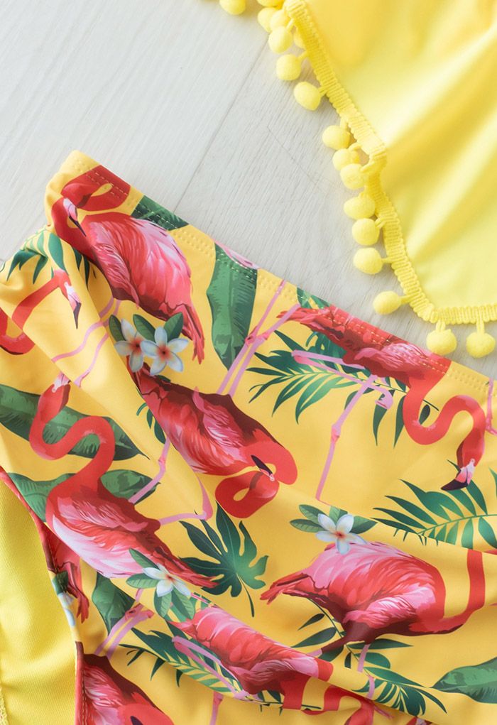 Conjunto de bikini con adornos de bolas lindas con estampado de flamencos para mamá y niños