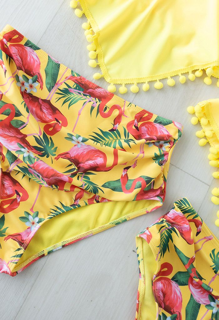 Conjunto de bikini con adornos de bolas lindas con estampado de flamencos para mamá y niños