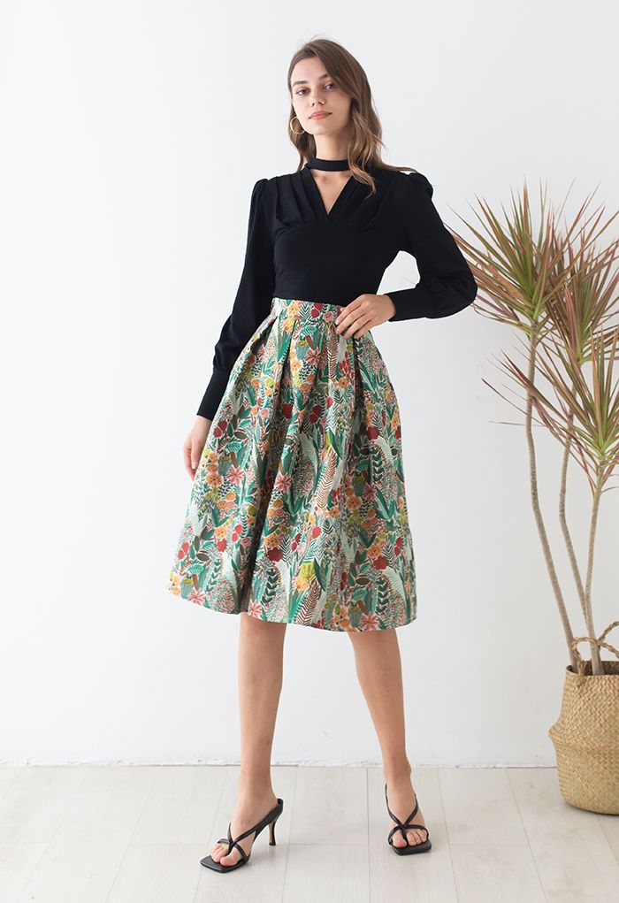 Falda midi plisada de jacquard con paisaje primaveral