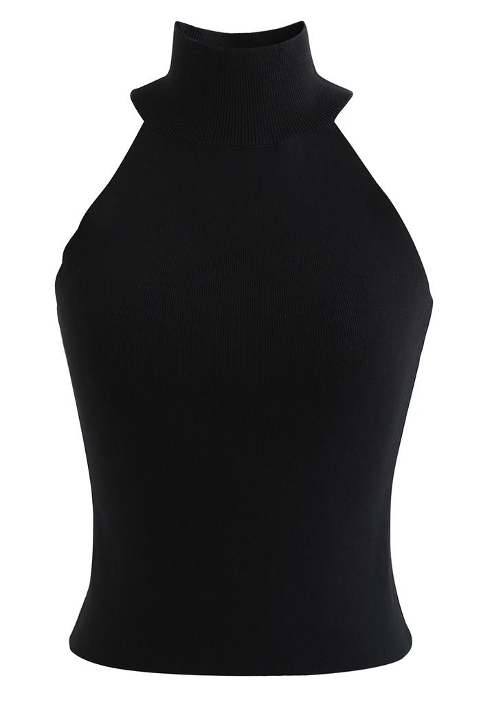 Camiseta sin mangas de punto ajustada con cuello halter en negro