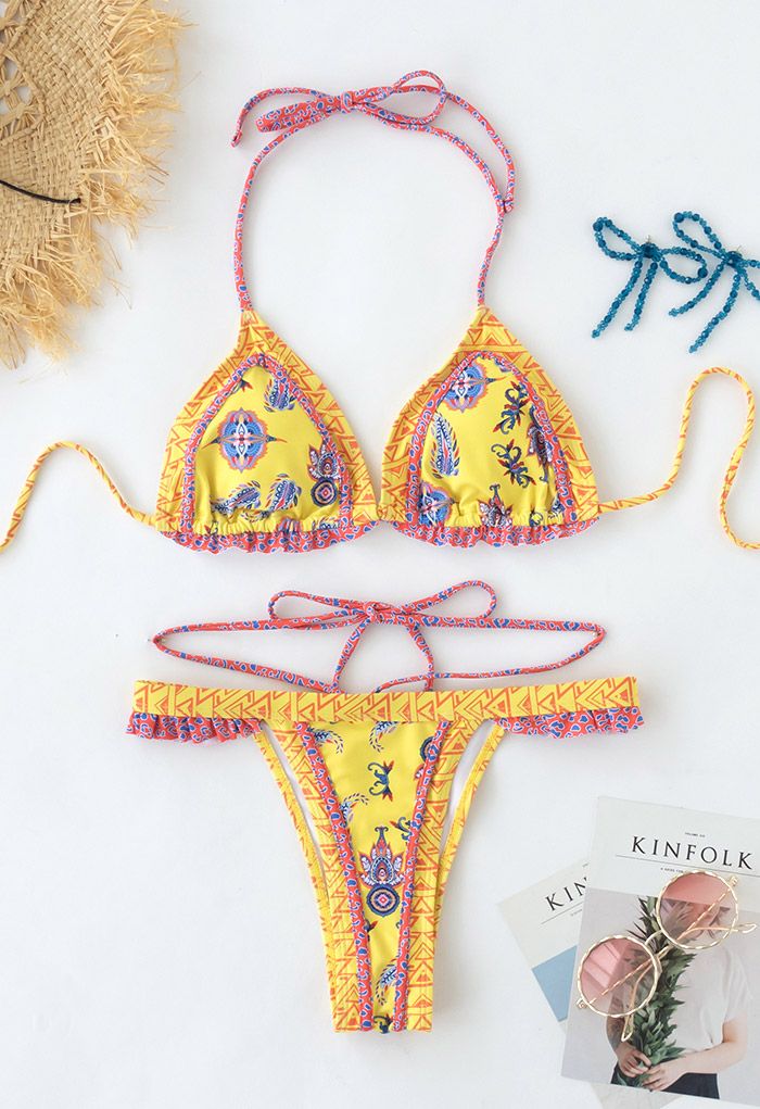 Conjunto de bikini boho con lazo en amarillo