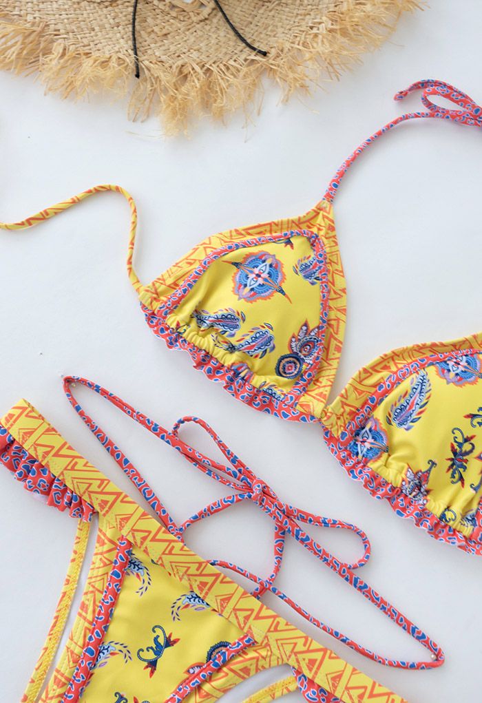 Conjunto de bikini boho con lazo en amarillo