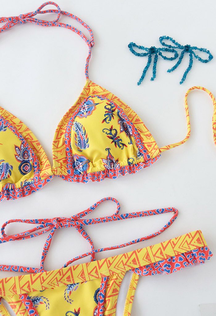 Conjunto de bikini boho con lazo en amarillo